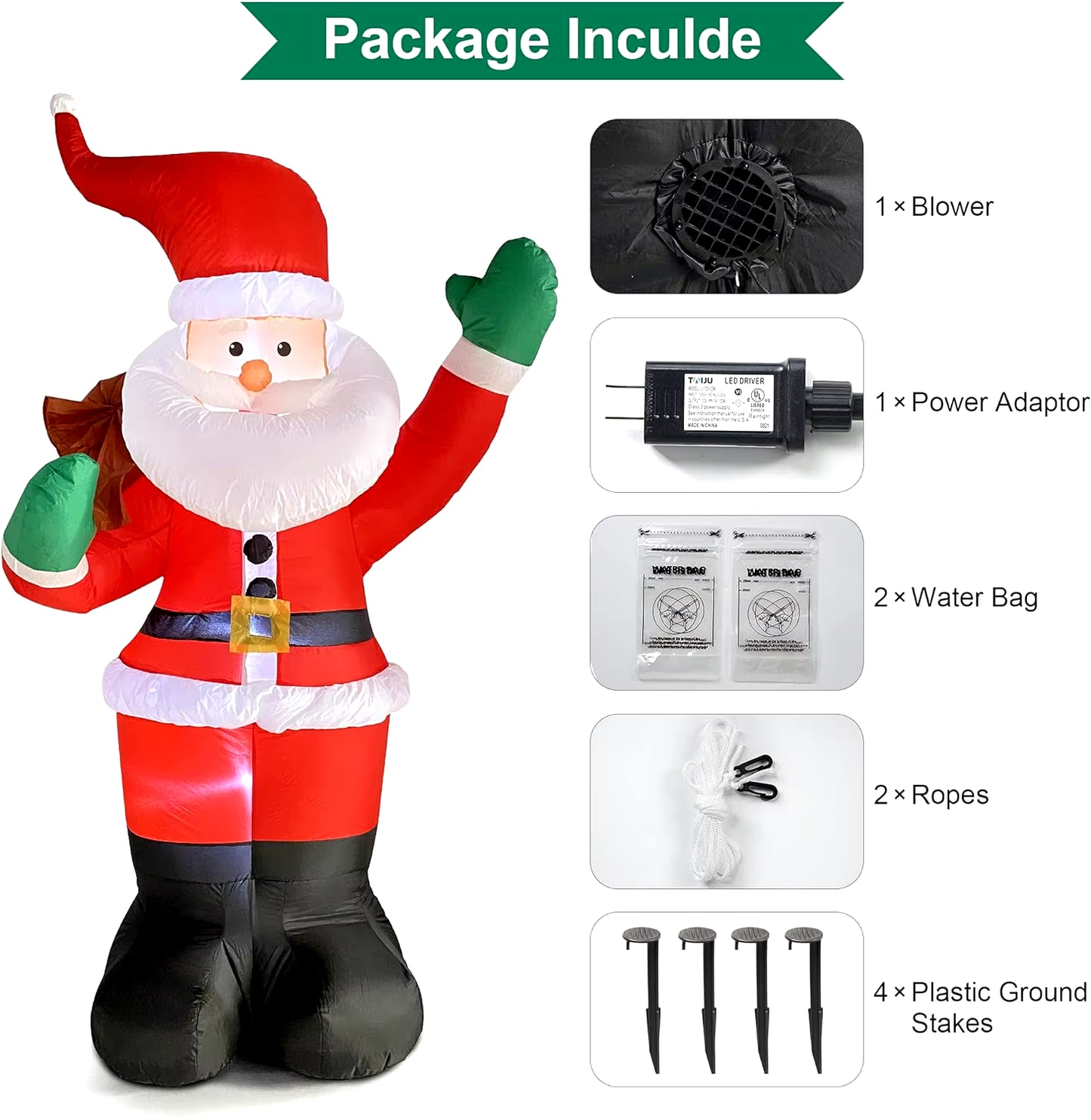 Santa Claus Inflatable Christmas Decoration with LED Lights for Indoor and Outdoor Garden Use