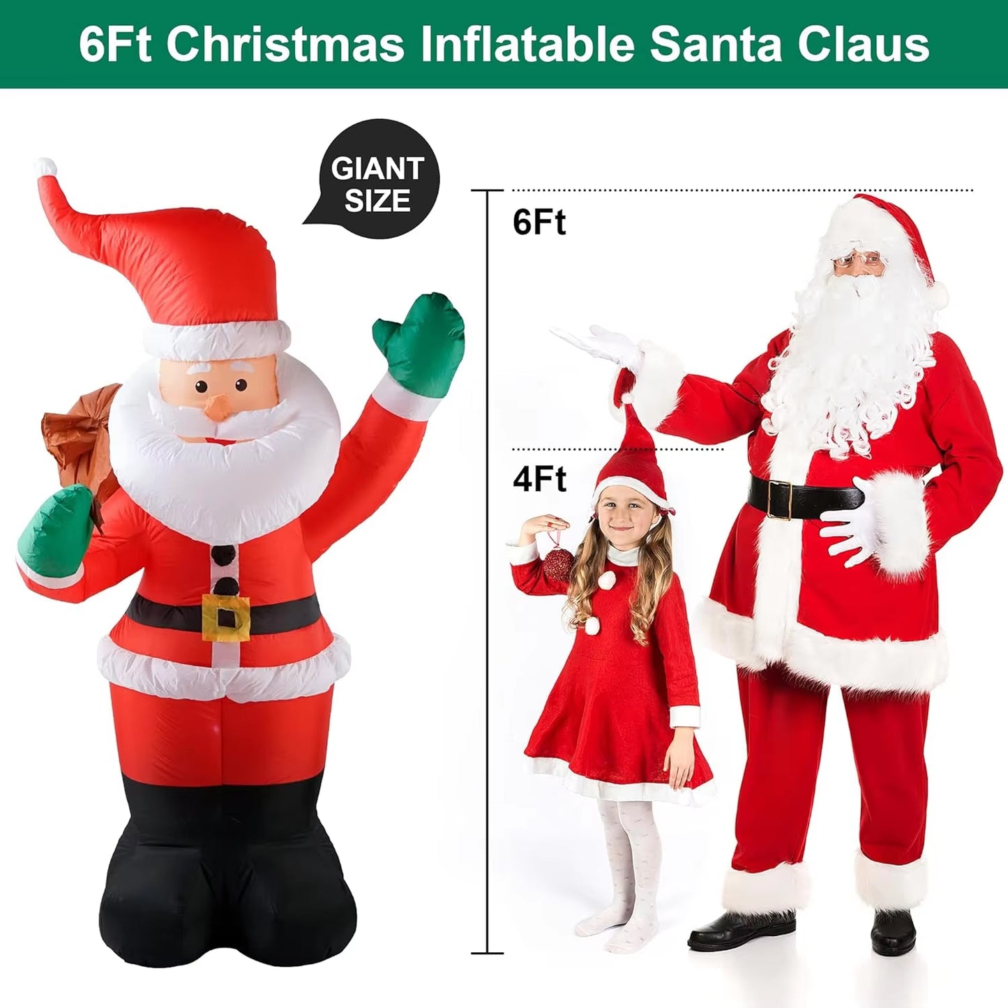 Santa Claus Inflatable Christmas Decoration with LED Lights for Indoor and Outdoor Garden Use