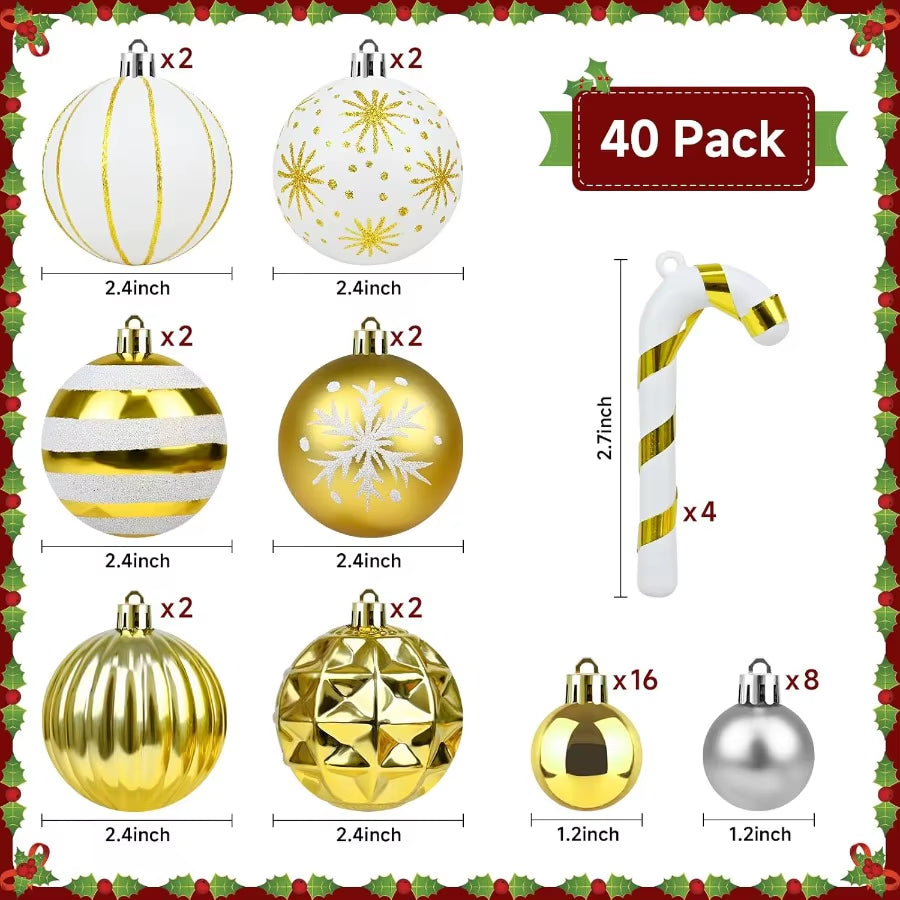 Gold and White Christmas Balls Ornaments 40Pcs Xmas Tree Decorations Shatterproof Christmas Ornaments Hanging Ball Ornament Dec